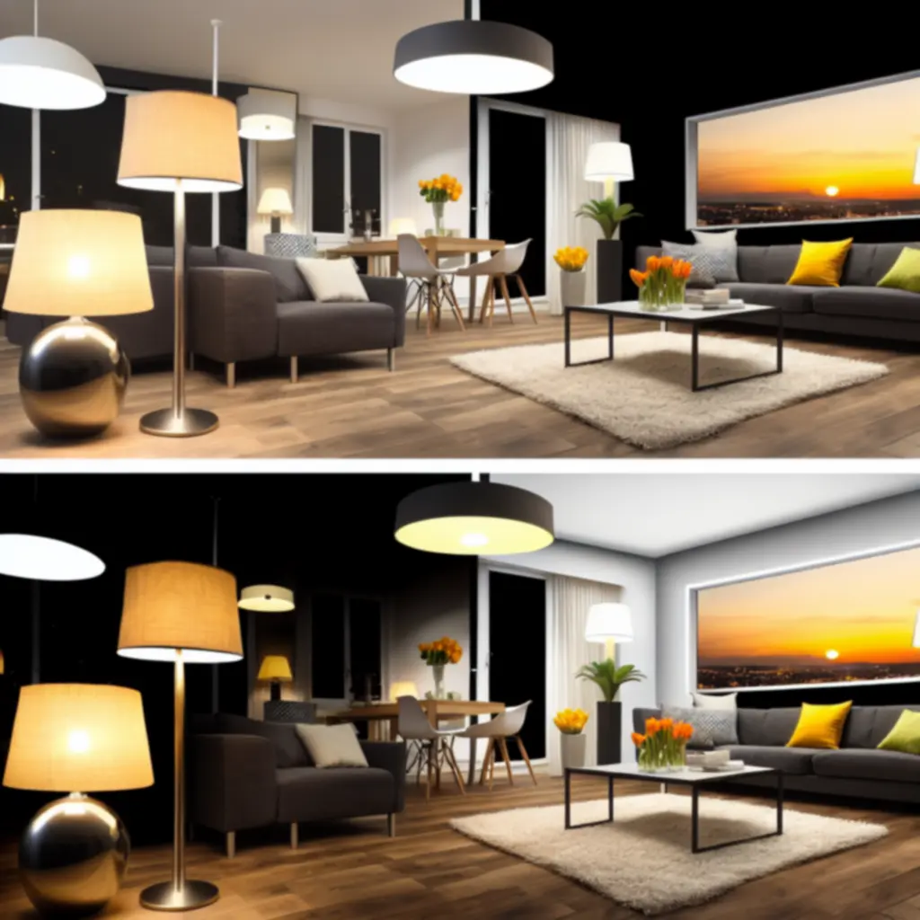 Salon przed i po zastosowaniu lampy Nadavasan z efektem zachodu słońca