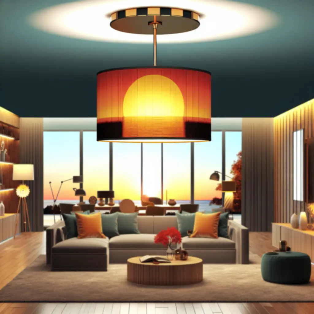 Ciepłe, zachodzące światło tworzące przytulną atmosferę w nowoczesnym salonie