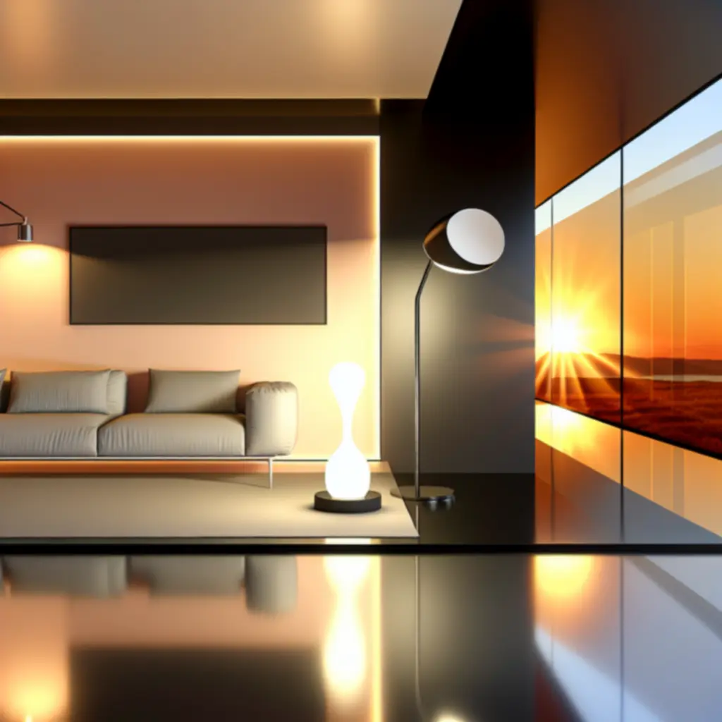 Lampy Nadavasan tworzące efekt zachodu słońca w nowoczesnym salonie